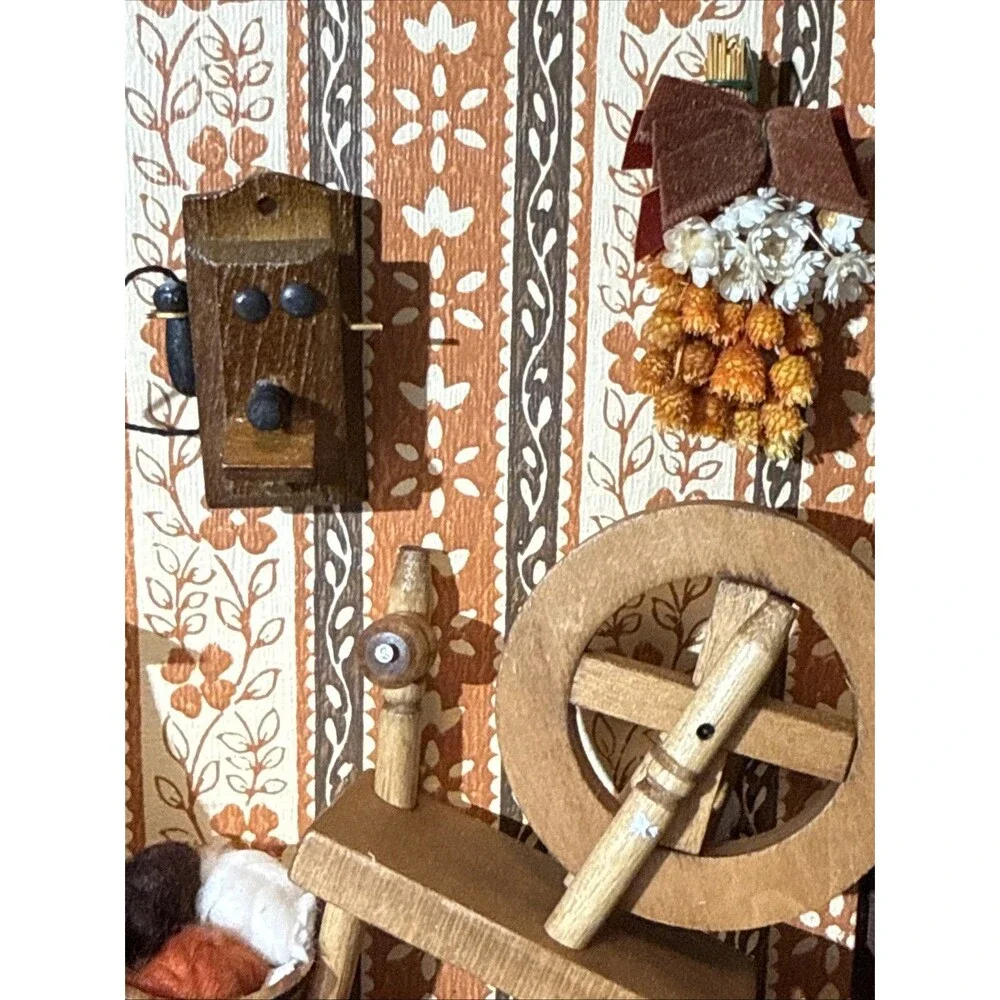 Vintage Corn Husk Doll Shadow Box Diorama Folk Art 1970s Cottage Core Farmhouse